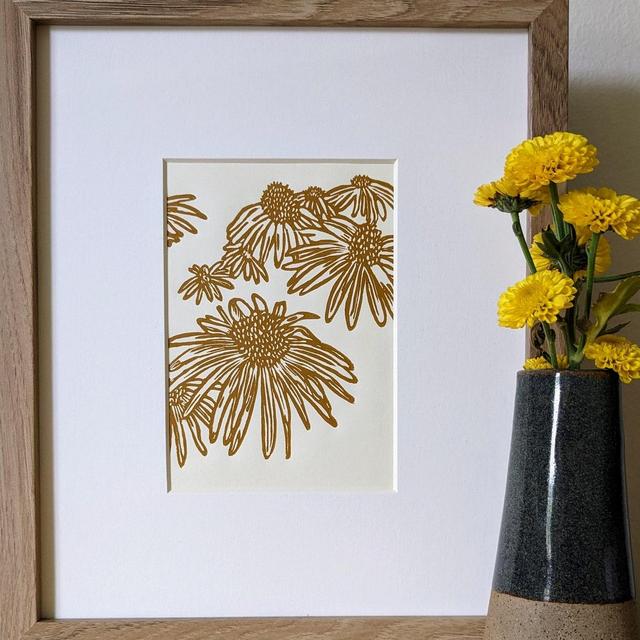 Coneflowers original handmade 5x7 linocut print, unframed, yellow ochre (deep mustard) ink on cream cardstock. 5x7 art, gallery wall art.