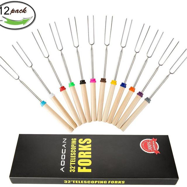 Aoocan Marshmallow Roasting Sticks Extending Roaster Set of 12 Telescoping Smores Skewers & Hot Dog Forks 32 Inch Fire Pit Camping Cookware Campfire Cooking Kids Accessories – FREE Bag