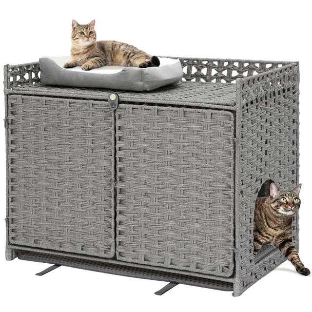 Cat Litter Box Enclosure with 2 Litter Mats for Dust Control, Litter Box Hideaway, Hidden Cat Box Furniture, Cat Box Enclosure, Handwoven Rattan Cat House with Three-Sided Fenced Top (Gray)
