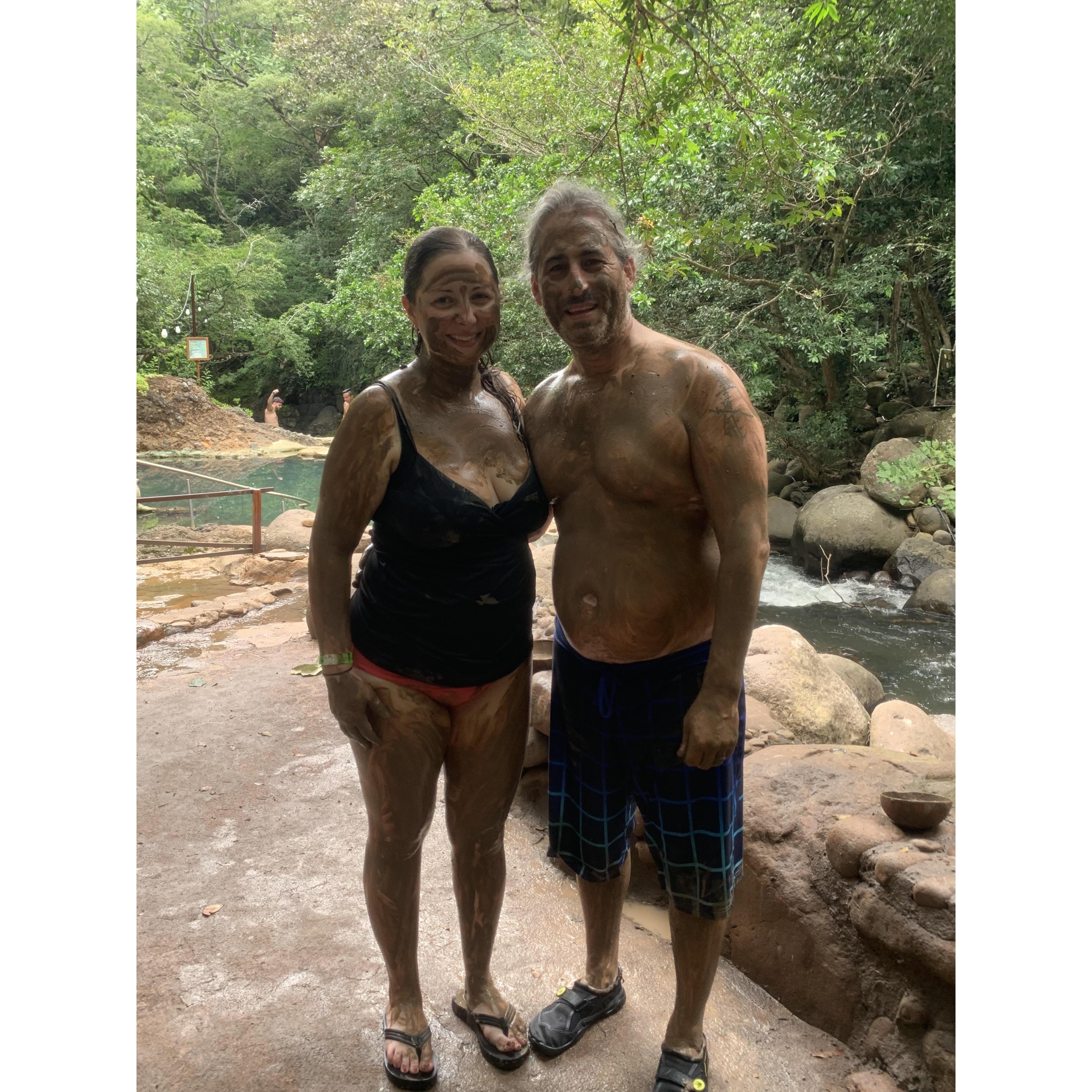 Relaxing at the hot springs and getting a volcanic mud treatment.