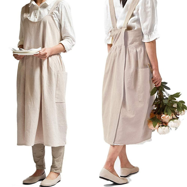 Cotton Linen Cross Back Apron for Women with Pockets for Cooking Painting Beige without Waist Ties