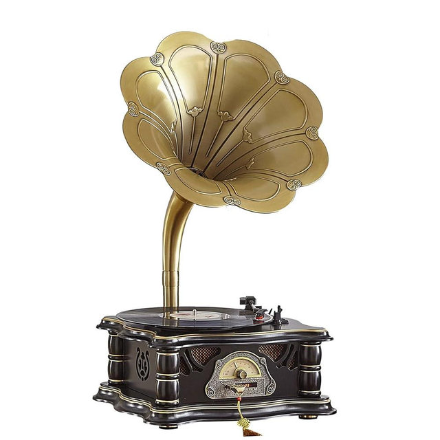 Wooden Vintage Gramophone Record Player with USB Play & Remote Control, Retro Phonograph Record Players, Horn Vinyl Audio Turntable Speaker for 7" 9" 12" Vinyl Records 3 Speed