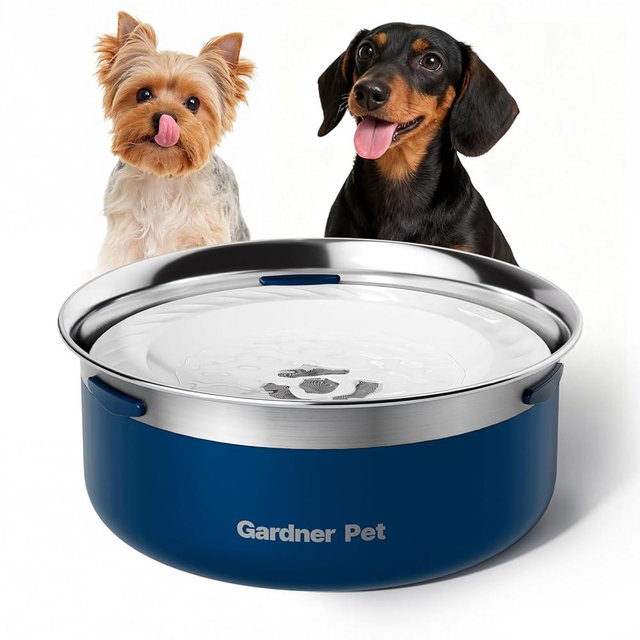 Gardner Pet Slow Water Bowl for Dogs, 2L/68oz Spill-Proof Pet Water Bowl with Floating Disk & Filter Screen, Stainless Steel No-Spill Water Dispenser for Medium Large Pets