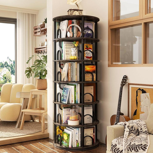 Aheaplus 6 Tier Rotating Bookshelf Tower, Revolving Bookcase, 360° Round Spinning Book Shelf, Narrow Swivel Bookshelves Vertical Turning Corner Bookshelf Organizer for Small Space, Black Oak