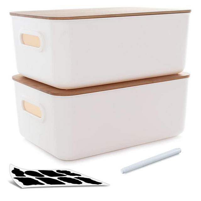 Citylife 2 PCS Storage Bins with Bamboo Lids Plastic Storage Containers for Organizing Stackable Storage Box with Handle, 15.12 x 10.67 x 5.98 inch