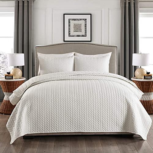 MERRY HOME Queen Quilt Set, 3-Piece Solid Lightweight Quilt Bedding Cover Bedspread Set(Snow White)