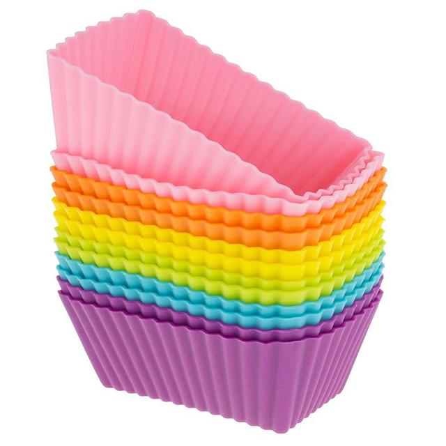Freshware Silicone Baking Cups [12-Pack] Reusable Cupcake Liners Non-Stick Muffin Cups Cake Molds Cupcake Holder in 6 Rainbow Colors, Rectangle