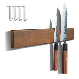 ENOKING 16" Magnetic Knife Holder Wall Mount, Knife Magnetic Strip for Knives, No Drilling Acacia Wood with 4 Hooks
