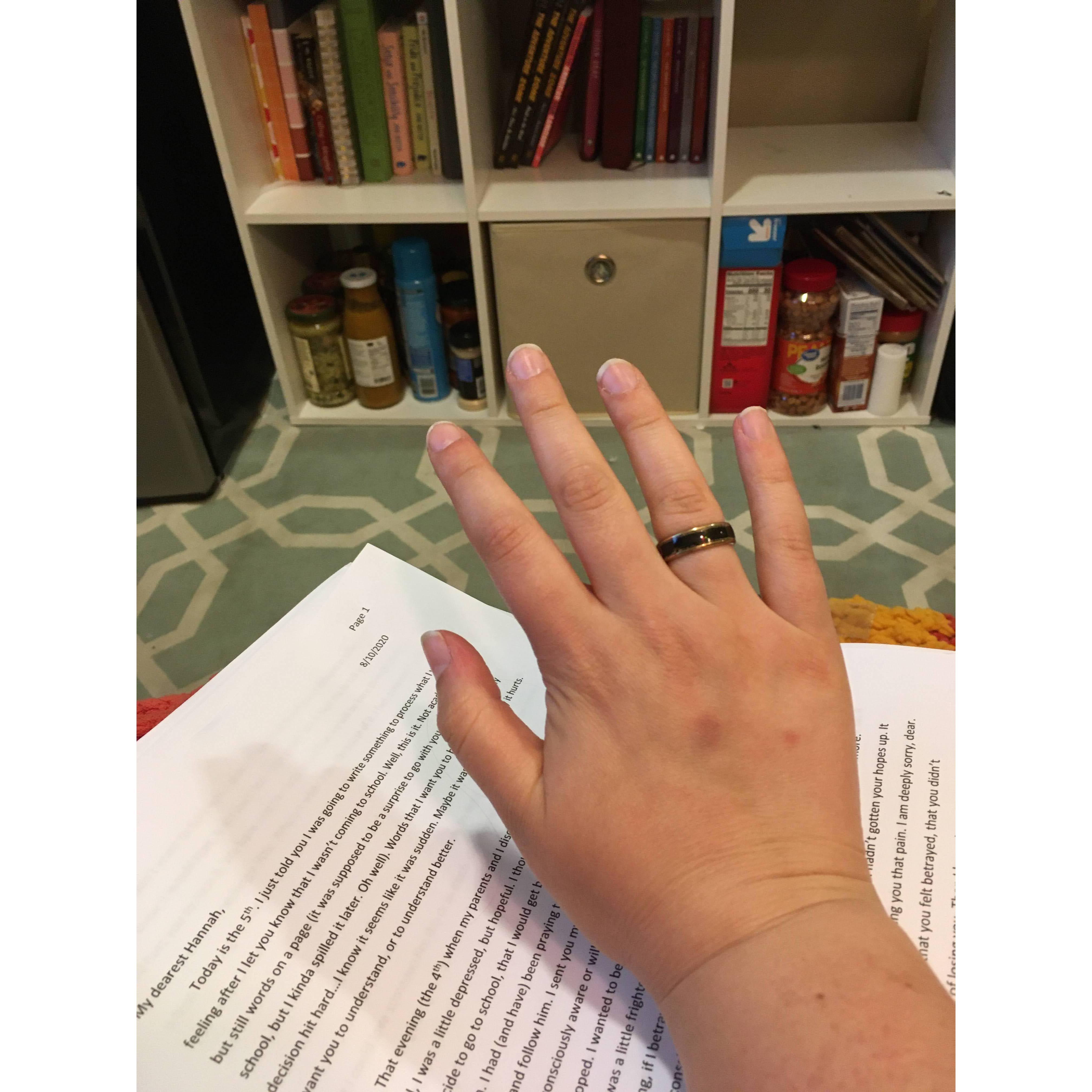 The engagement ring wasn't the first ring Joseph gave Hannah! She wore this promise ring until the day he proposed.