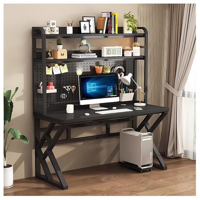 GFFQLXHT 47in Gaming Desk with Bookshelf Combo, Computer Desk with Pegboard, Large Writing Table with Desktop Shelves, Ample Leg Room, for Home Office (Black, 47in)
