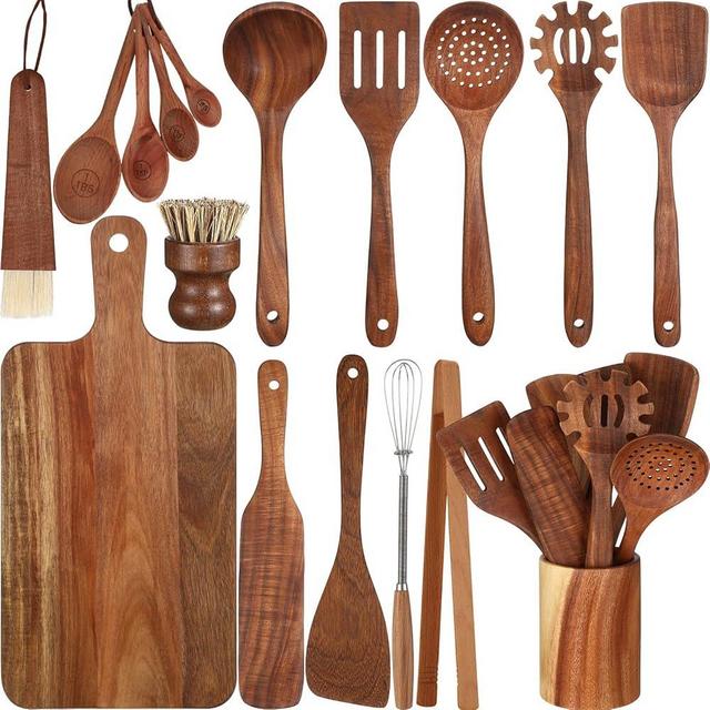 Briwooody 18 Pcs Wooden Kitchen Utensils Set with Holder, Wooden Cutting Board, Wooden Spatulas, Wood Spoons, Food Tong, Egg Whisk and Accessories for Cooking Kitchen