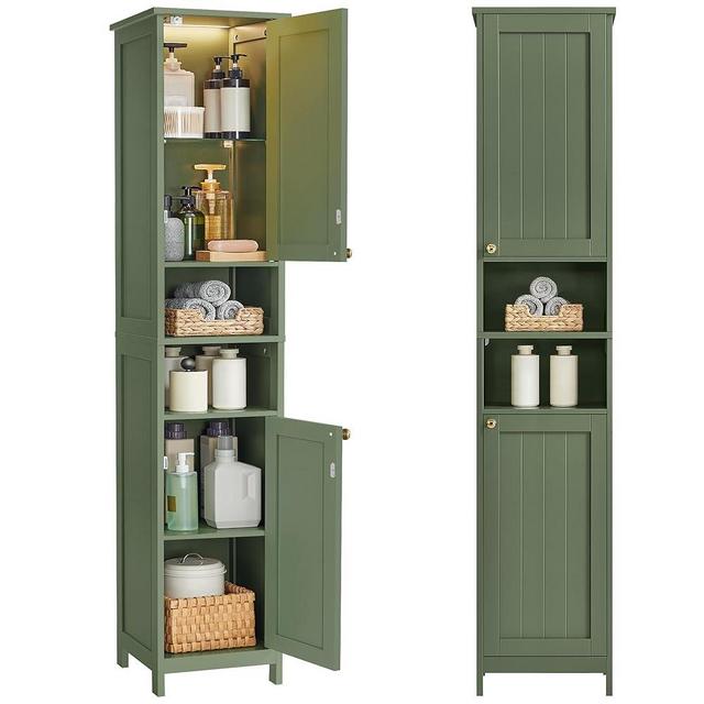 VASAGLE Tall Bathroom Cabinet with Lights, Slim Freestanding Bathroom Storage Cabinet with Adjustable Shelves, for Small Spaces, Modern, 15.7 Inches Wide, Forest Green UBBC766C01