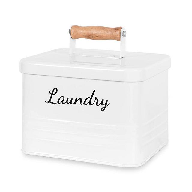 Candco Laundry Dryer Sheets Holder with Lid, Farmhouse Metal Laundry Room Organization, Fabric Softener Dispenser for Laundry Room Decor, Space Saving and Storage (White)