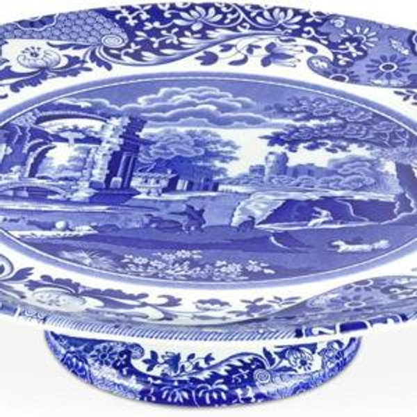 Spode Blue Italian Collection Cake Stand | 10.5 Inch Footed Cake Stand for Parties, Cupcakes, and Dessert Display | Made of Fine Porcelain | Dishwasher Safe