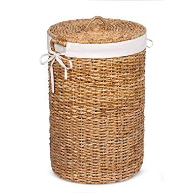 BIRDROCK HOME Seagrass Laundry Hamper with Liner - Round Clothes Bin with Lid - Organize Laundry - Cut-Out Handles for Easy Transport - Includes Machine Washable Canvas Liner