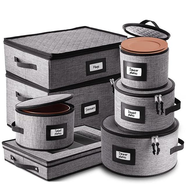 StorageBud China Storage Containers, 7-Pc. Full Set – Hard Shell, Stackable Holders for Plates, Cup, Mugs, Flatware & Stemware Set – Padded Dinnerware & Dish Cases with Dividers & Handles