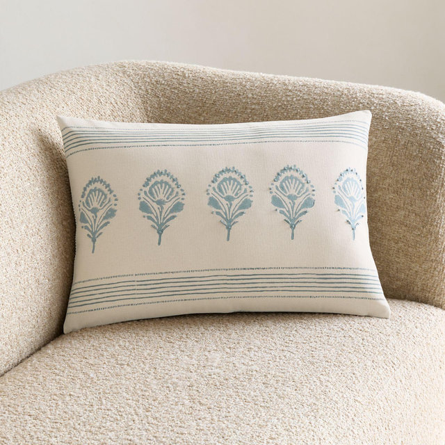 Morgan Organic Cotton 22"x15" Mist Blue Reversible Hand Printed Throw Pillow with Feather Insert
