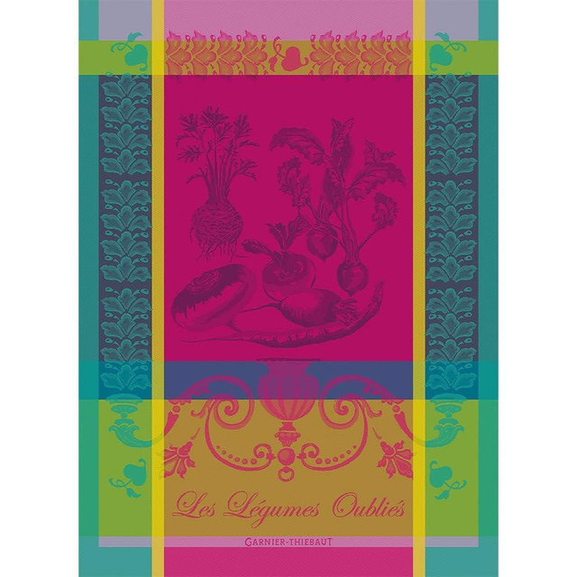 Garnier Thiebaut Legumes Oublies Fuchsia (Forgotten Fuchsia Vegetables) French Kitchen Towel 22"x30", Cotton, Jacquard