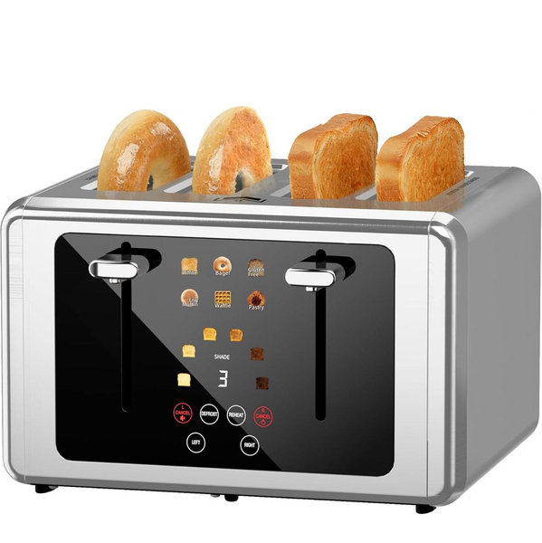4 Slice Toaster, Touchscreen & Dual Independent Control Panel，5 Basic Functions & Digital Countdown Toasters, 6 Shade Settings＆6 Bread Types, Smart Bread Maker Mute/Screen-Off,Brushed steel
