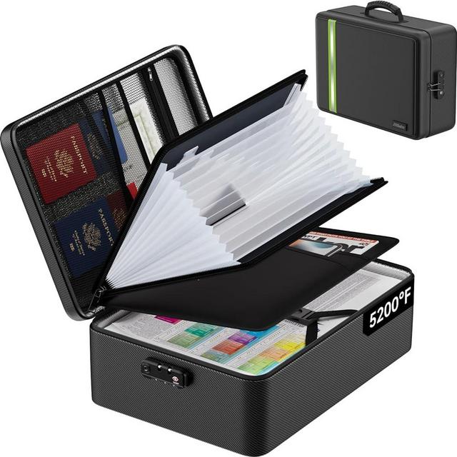 5200℉ Fireproof Document Bag, Plenty of Pockets, Legal Size/Letter/A4, Waterproof Zipper Document Box with Lock, 4-Layer Important Document Organizer, 17"x12"x5.3" Portable Home Travel Office Safe Box