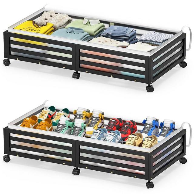 Under Bed Storage Containers With Wheels - 2 Pcs Large Bamboo Wood Rolling Underbed Shoe Storage Bins With Dust Bags for Clothes Blankets, Duvet Covers Snacks Toys (Black)