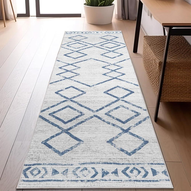 jinchan Moroccan Runner Rug 2x5 - Kitchen Machine Washable Runner Rug Modern Geometric Soft Low-Pile Lightweight Non-Slip Carpet for Entryway Hallway Laundry Room Bedroom Farmhouse (2x5ft,Blue)