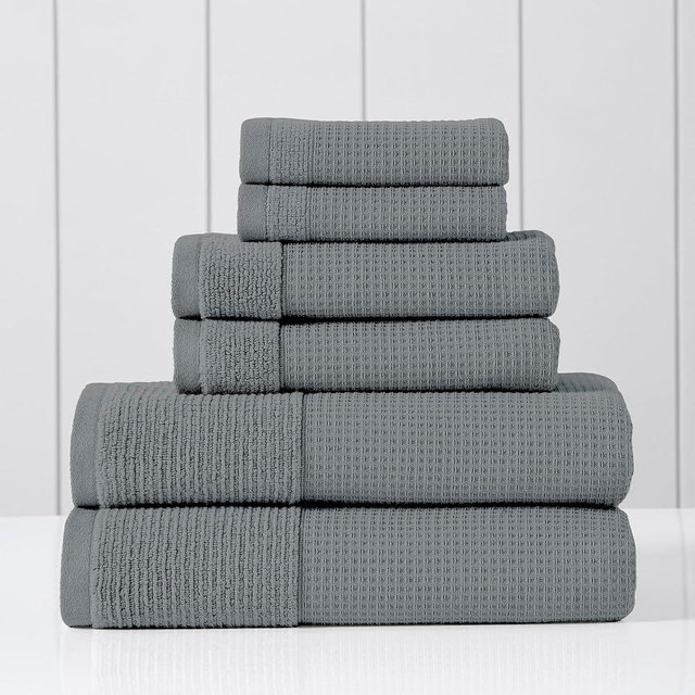 Modern Threads Waffle-Rib 6-Piece Towel Set – Premium Cotton Bath Towels, Ultra-Absorbent & Soft, Elegant Waffle Texture for Bathroom & Spa, Carbon