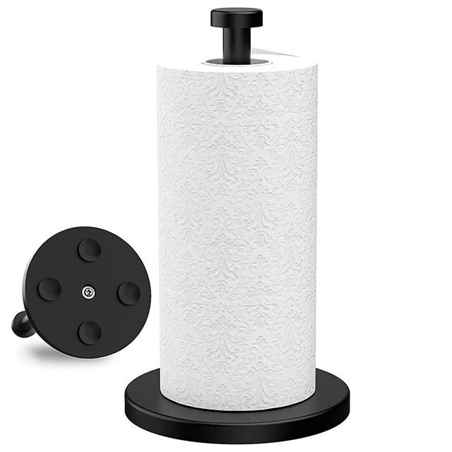 VEHHE Paper Towel Holder Countertop, Single Hand Operable Paper Towel Holder Stand with Weighted Base Suction Cups for Kichen Bathroom(Black)…