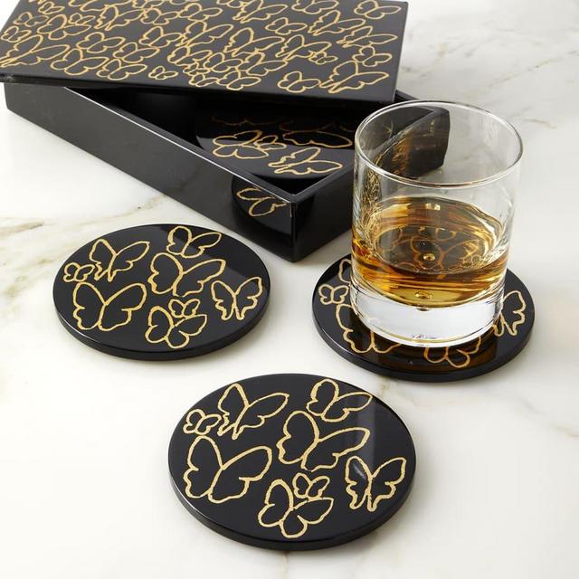 Butterflies Gold Leaf & Lacquer Coaster Box, Set of 6