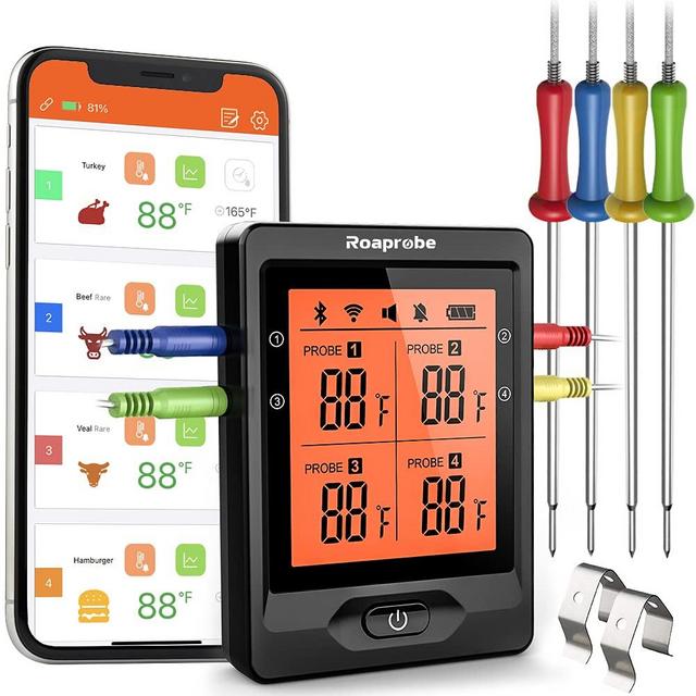 Meat Thermometer Wireless, Roaprobe 328ft Bluetooth Meat Thermometer BBQ Grill Thermometer with 4 Probes, Smart Digital Cooking Food Meat Thermometer for Smokers Grilling BBQ Oven Kitchen