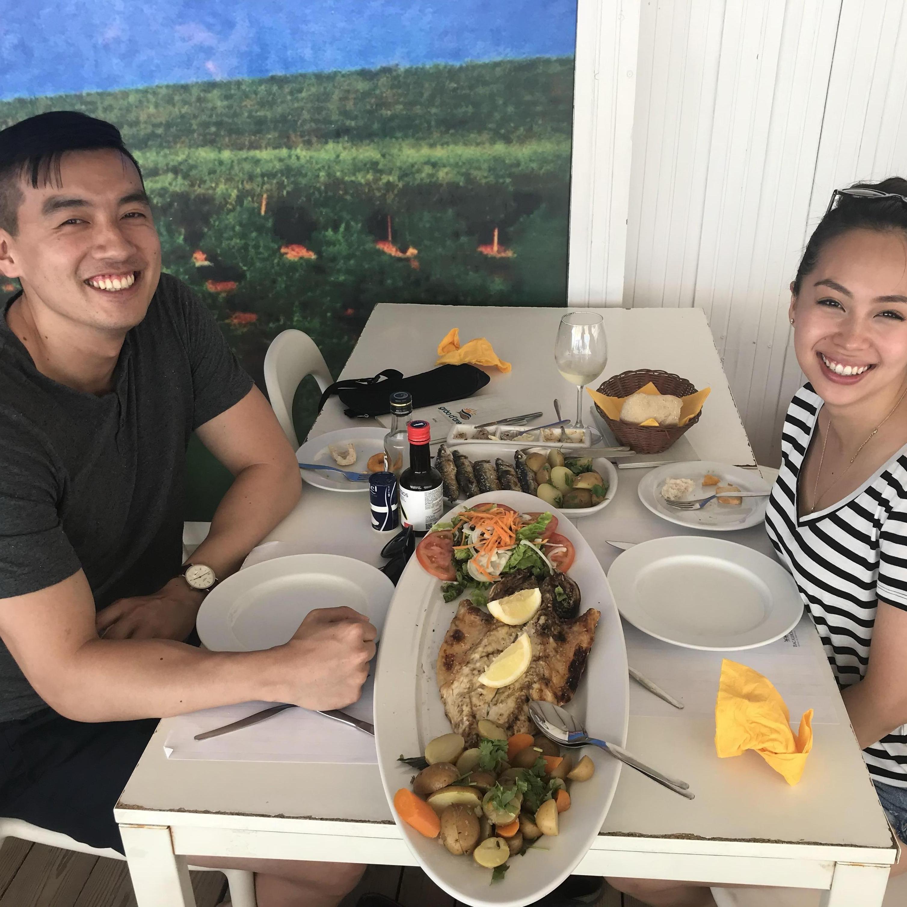 Eating some amazing fish in Barcelona.