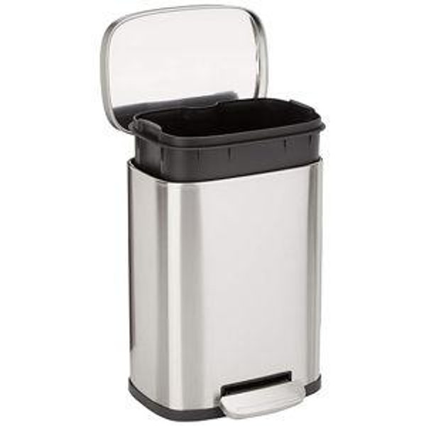 Amazon Basics Smudge Resistant Mini Rectangular Trash Can with Soft-Close Foot Pedal, Brushed Stainless Steel, for Bathroom & Small Space, 5 l /1.3 gallon, Silver, 7.3x8.5 x11.8 in (LxWxH)
