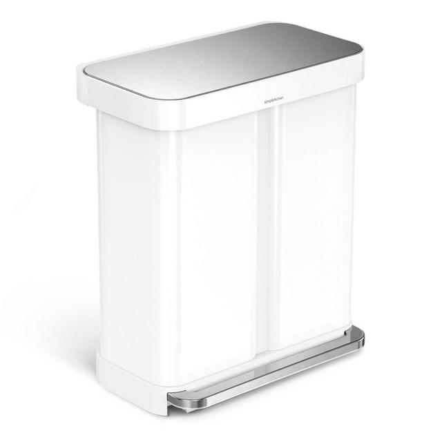 simplehuman 58 Liter / 15.3 Gallon Rectangular Hands-Free Dual Compartment Recycling Kitchen Step Trash Can with Soft-Close Lid White Steel