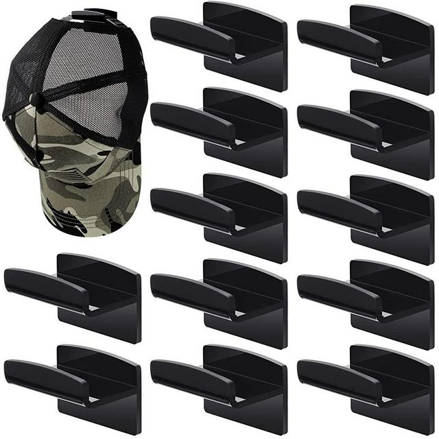12 Pieces Hat Rack Hat Holder Organizer for Wall Hats Hanger Adhesive Hat Hooks Baseball Cap Display Rack Curved Shelf Hanger for Door, Closet, Office, Bedroom (Black)