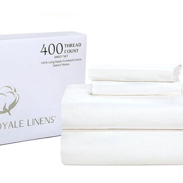 Royale Linens 400 Thread Count 100% American Grown Cotton 4 Piece Sateen Queen Sheet Set - 1 Fitted, 1 Flat Sheet, 2 Pillow case - White Bedsheet Set - Cooling Cotton Sheets - (Queen, Signature White)