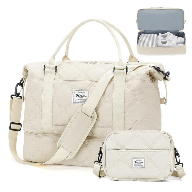 Weekender Bags for Women,Personal Item Travel Bag with Shoes Compartment,Overnight Travel Duffel Bag with Toiletry Bag,Quilted Beige