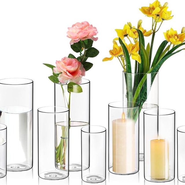 9 Pack Cylinder Vases- for Centerpieces, 6,8,10 Inch Clear Glass Cylinder Candle Holder- for Wedding Centerpirces Decoration Tall Clear Flower Vases, Hurricane Candle Holder for Party Home Decor