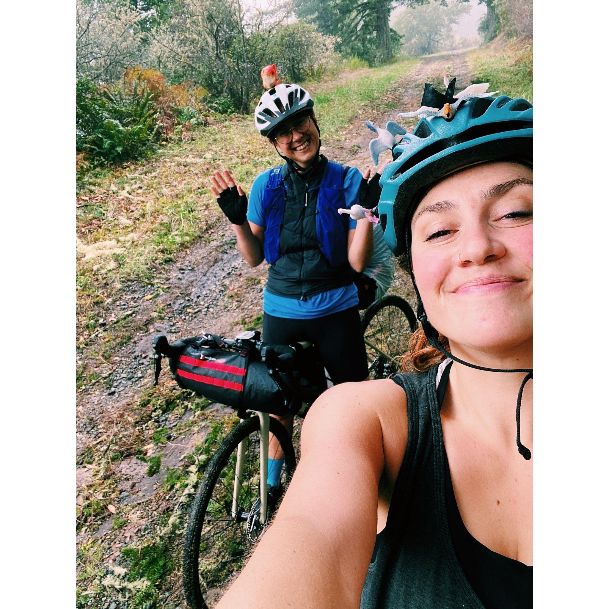 halloween bikepacking featuring our costumes: "swedish fish" and "a rock pooped on by seagulls"
