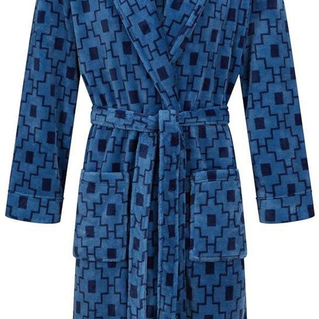 John Christian Men's Fleece Robe, Blue Geometric Pattern