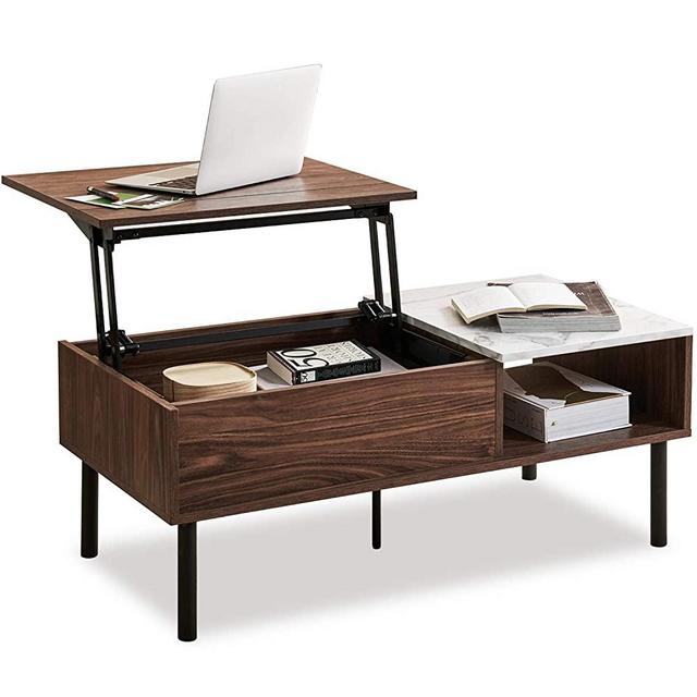 Harmati Lift Top Coffee Table with Storage - Lift up Living Room Table for Small Spaces, Mid Century Modern Pop up Rising Adjustable Center Table with Wood and Metal, Walnut & Marble