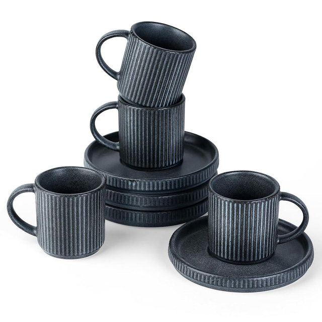 famiware Star Espresso Cups and Saucers Set of 4, [ Mini ] 3 oz Ceramic Small Coffee Mug with Handle, Ribbed Stoneware Demitasse Cup for Tea, Latte - Microwave & Dishwasher Safe - Matte Dark Charcoal