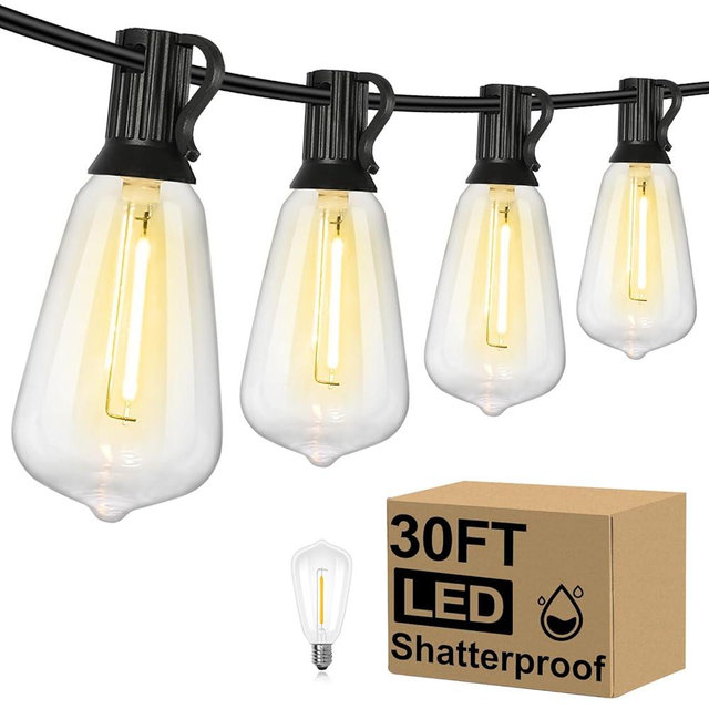 Brightever 30FT LED Outdoor String Lights with 15＋1 ST38 Vintage Edison Shatterproof Bulbs, Commercial Grade Patio Lights Connectable, Waterproof Hanging Lights for Balcony, Backyard, Warm White