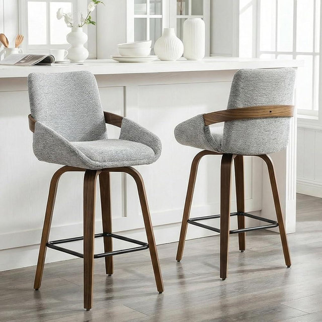 Counter Height Swivel Bar Stools Set of 2, 26" Linen Fabric Counter Stools with Walnut Bentwood Back, Cozy Mid-Century Modern Swivel Bar Stools for Kitchen Island & Home Bar Seating, Light Grey