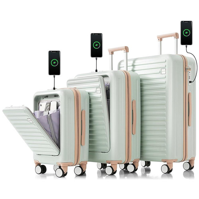 Merax Luggage Sets 3 Piece, Hardshell Suit case with Front Pocket Cup Holder and TSA Lock, Mint Green and Kakhi, 20/24/28 Inch