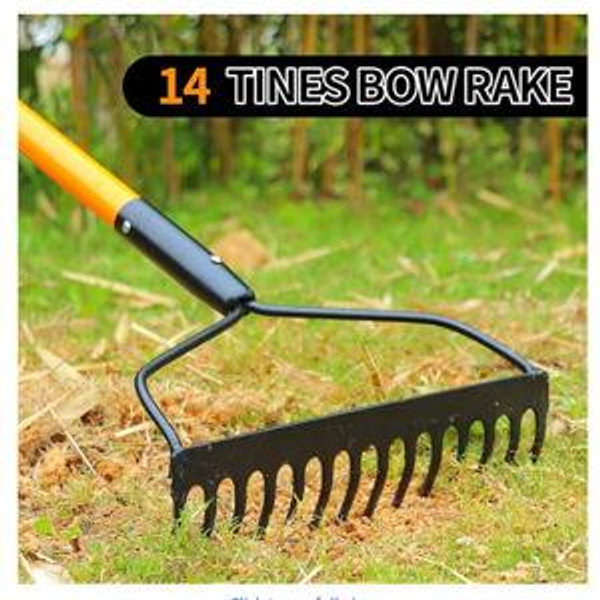Garden Rake for Gardening, Heavy Duty Garden Rake for Lawns, 14 Tines Bow Rake with Fiberglass Handle, 58 Inches