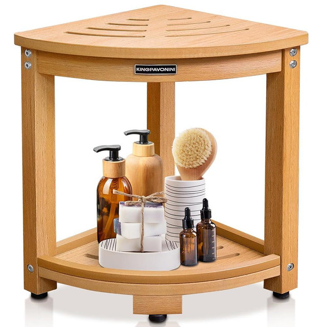 KingPavonini Corner Shower Bench Waterproof, HDPS Shower Stool for Inside Shower, Anti-Fracture Shower Seat with Storage Shelf, Rapid Assembly, Weight Capacity 400LBS