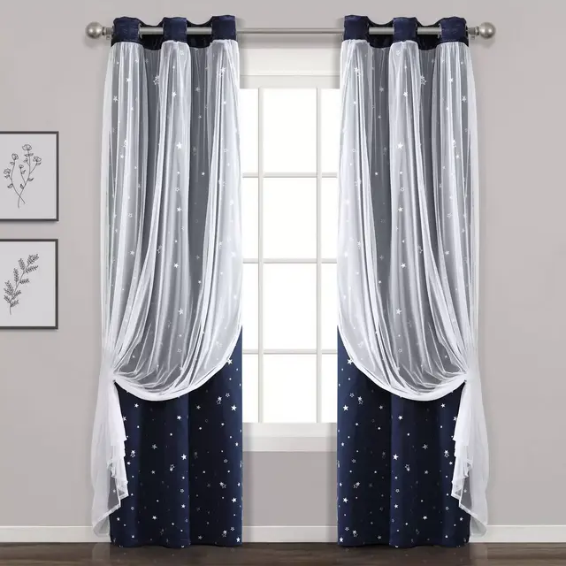 38" x 84" Kids' Star Sheer Insulated Grommet Blackout Window Curtain Panel Set Navy Set - Lush Décor