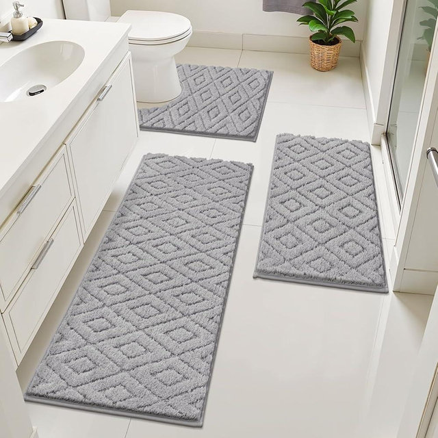 Bsmathom Bathroom Rugs Sets 3 Piece, Microfiber Shaggy Bath Mat Set, Ultra Soft Non-Slip Bath Rugs with U-Shaped Contour Toilet Mat for Bathroom, Tub, Shower Washable Carpets Set, Light Gray