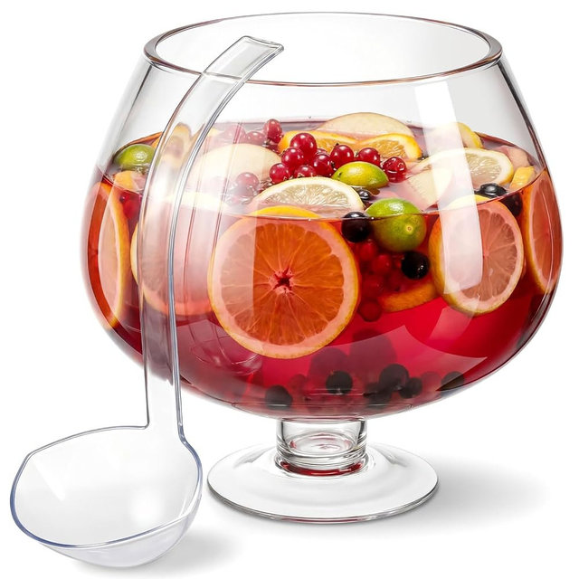 Ferrochef 2 Gallon Glass Punch Bowl with Plastic Ladle Set, Large Punch Bowl with Stem Design for Party Cocktails, Holidays, Schools, Irish Festival, Easter, Functional Centerpiece