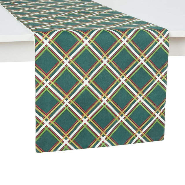 KATE SPADE NEW YORK Holiday Confetti & Acrobat Plaid Reversible Holiday Table Runner, 100% Cotton with Metallic Print, Machine Washable, Cream/Green, 15"x72"
